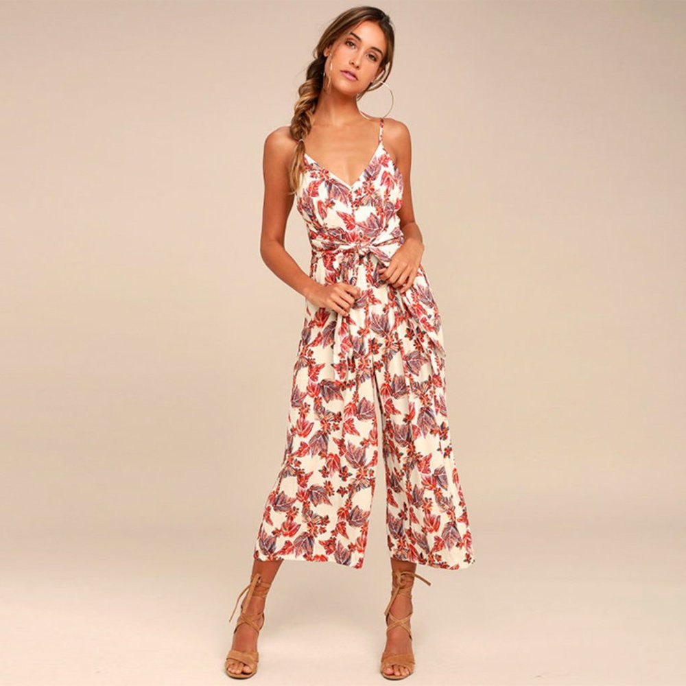 Free People Hot Tropics Cream Print Midi Jumpsuit